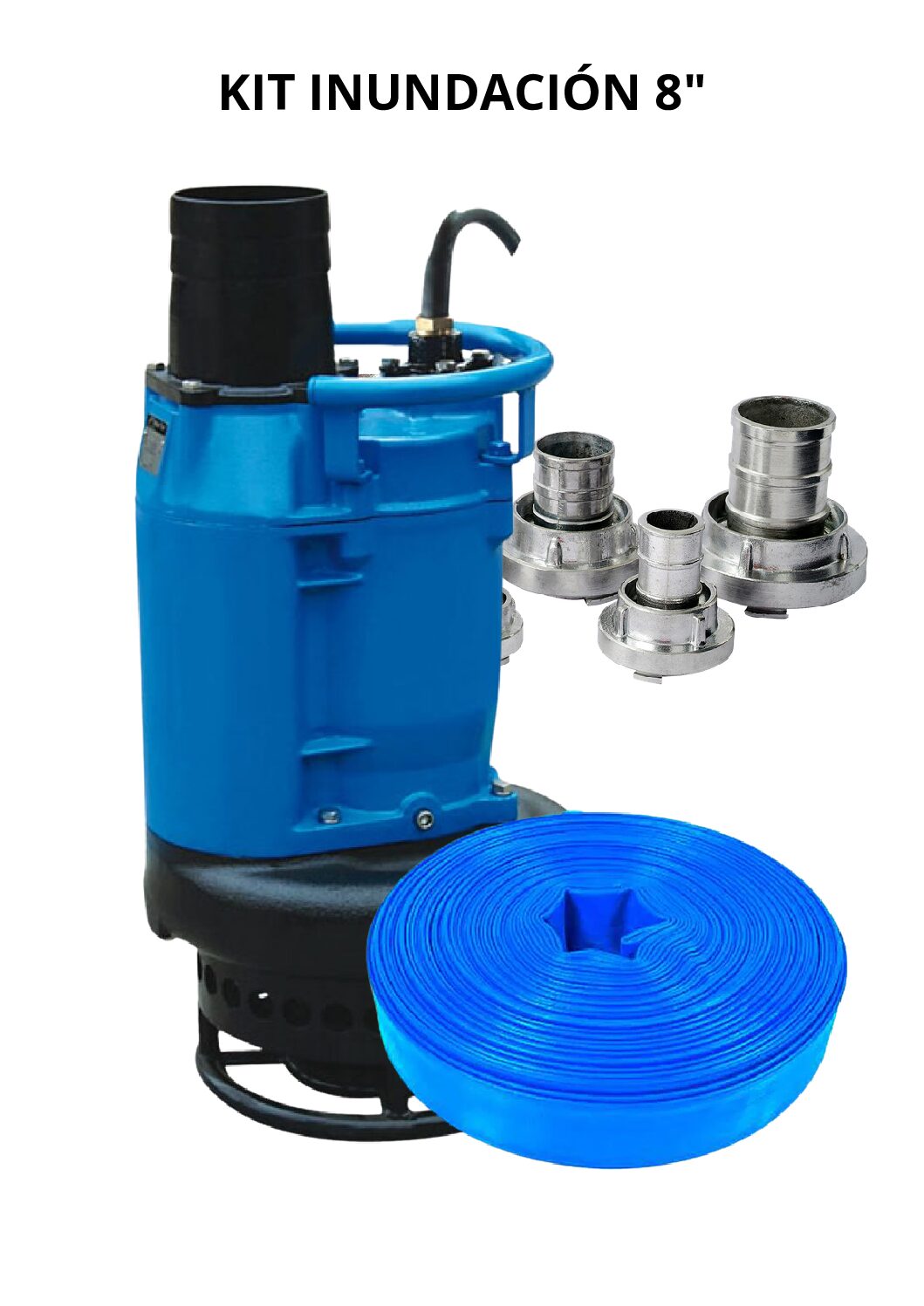 KIT Manguera Plana 25 mts 8", Bomba Sumergible con Agitador Modelo 200 KBS 415, Motor 20 HP Marca MEUDY