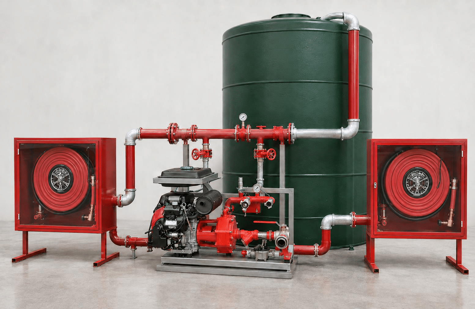 Sistema Skid Full Contra Incendio Protecnica: motobomba Honda GX690, estanque de acumulación y dos gabinetes con manguera
