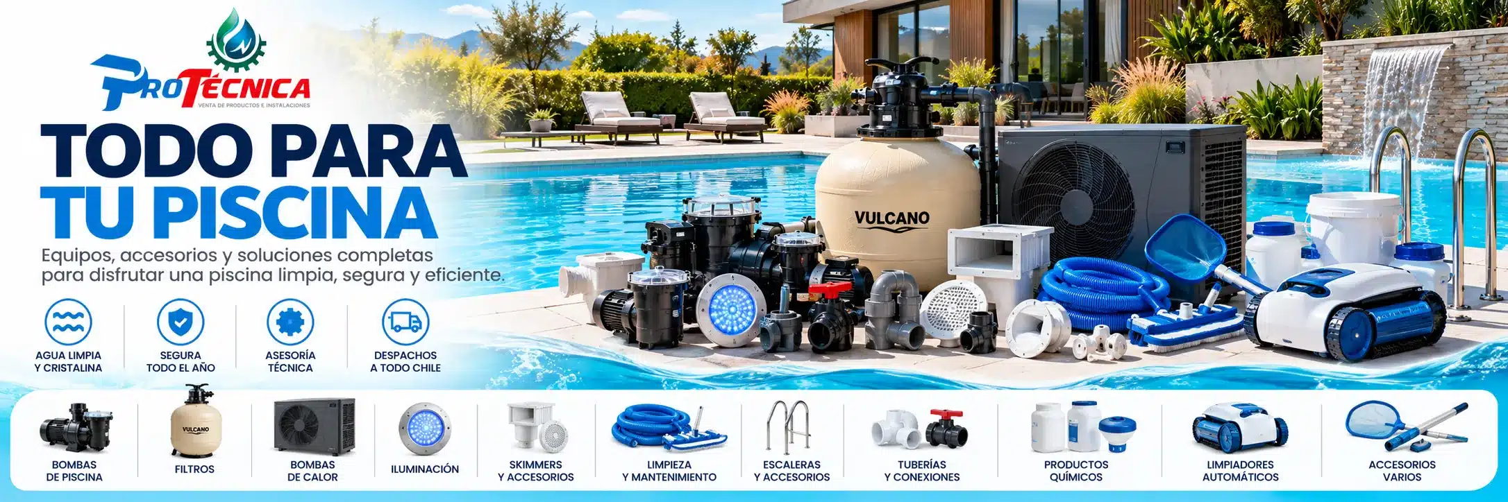 Todo para tu piscina: bombas, filtros, bombas de calor, iluminación, skimmers, limpieza, escaleras, tuberías, productos químicos, limpiadores automáticos y accesorios