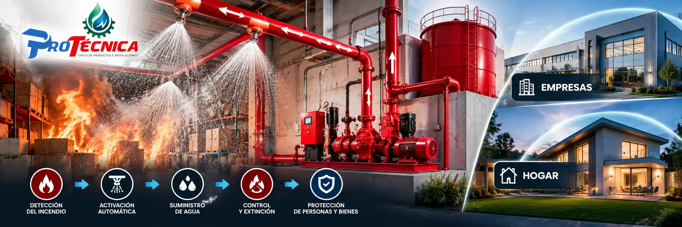 Sistema de protección contra incendios Protécnica: detección, activación automática, suministro de agua, control y extinción, protección de personas y bienes para empresas y hogares